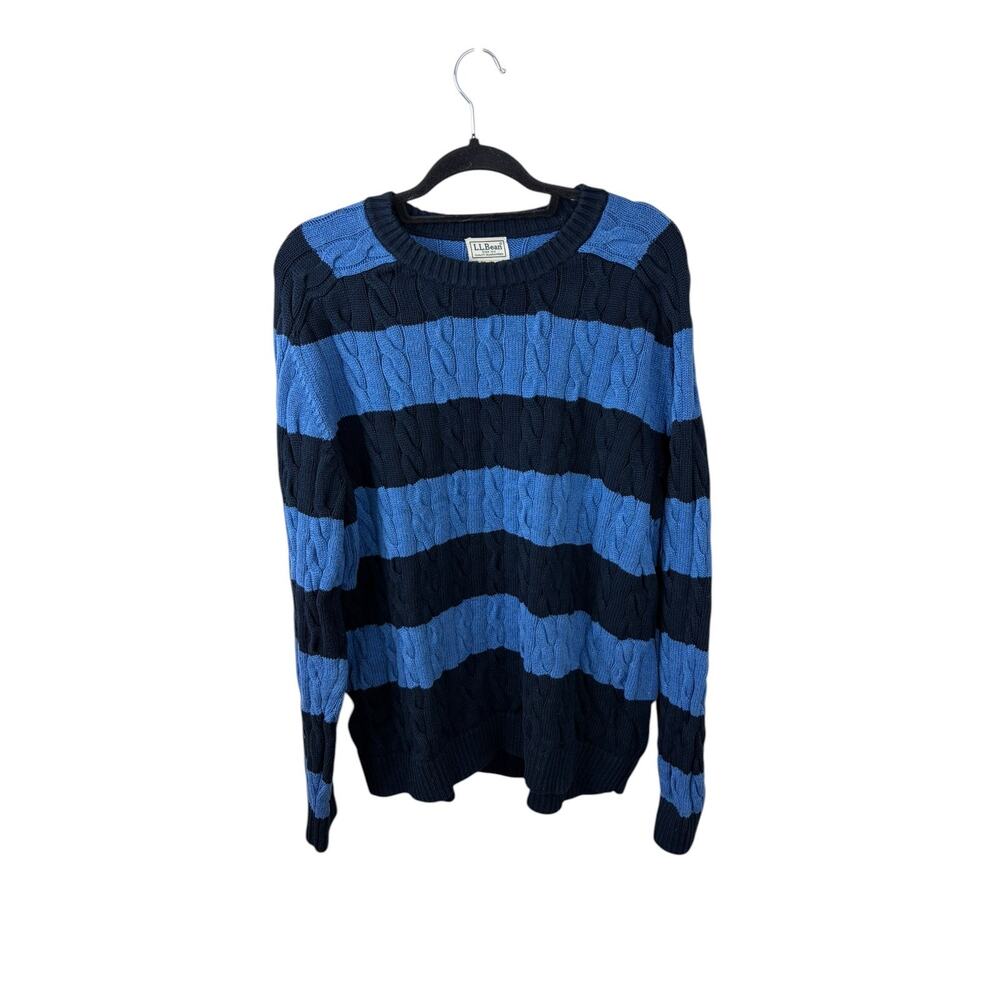 LL Bean Navy Blue Stripe Cable Knit Fisherman Cotton Sweater Nautical